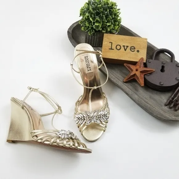 Badgley Mischka rhinestones gold strappy wedges