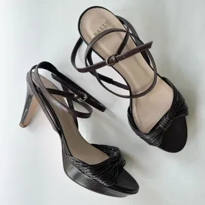 Bally ‘Jael’ Chocolate Brown Strappy Platform Heeled Sandals w/ Wrap Ankle Strap