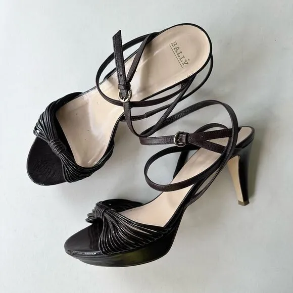 Bally ‘Jael’ Chocolate Brown Strappy Platform Heeled Sandals w/ Wrap Ankle Strap