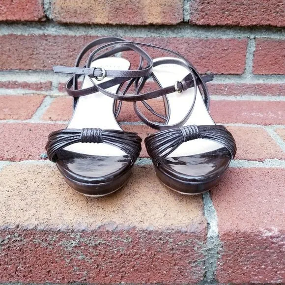 Bally ‘Jael’ Chocolate Brown Strappy Platform Heeled Sandals w/ Wrap Ankle Strap
