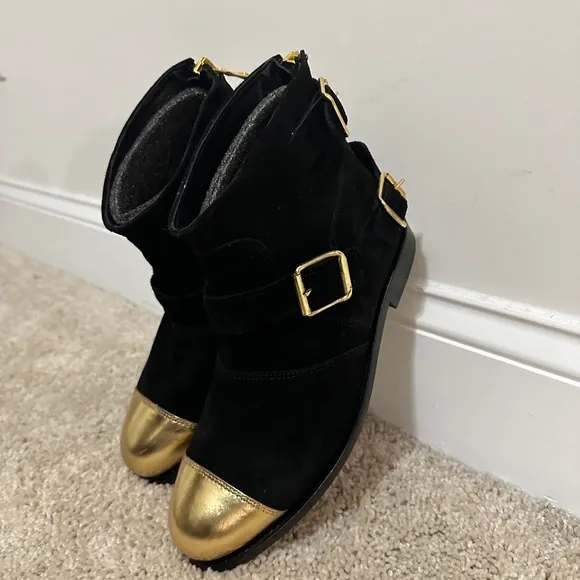 BALMAIN x HM Suede Leather Gold Toe Biker Boots
