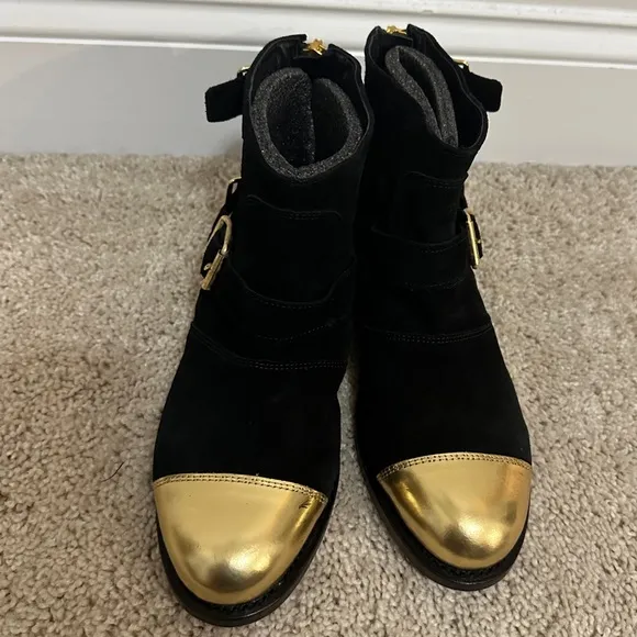 BALMAIN x HM Suede Leather Gold Toe Biker Boots