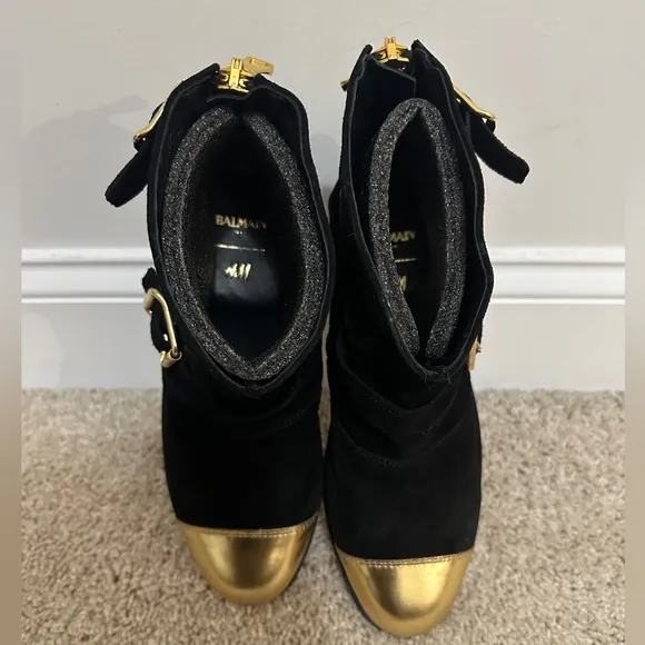 BALMAIN x HM Suede Leather Gold Toe Biker Boots