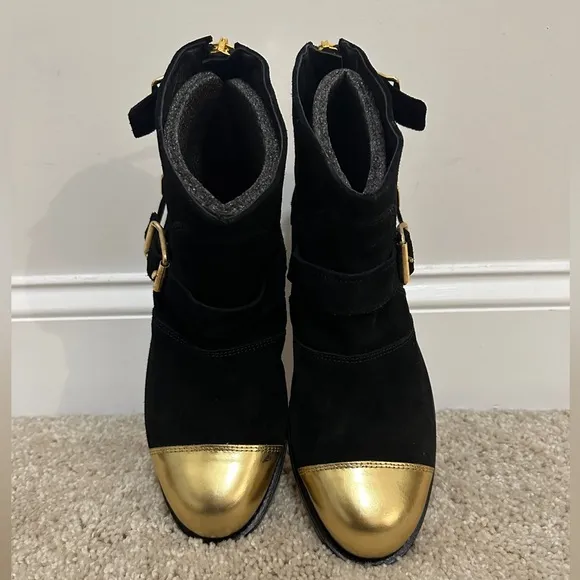 BALMAIN x HM Suede Leather Gold Toe Biker Boots