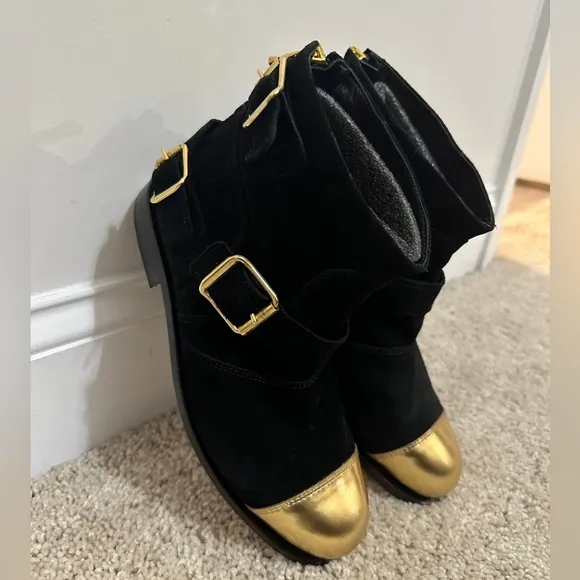 BALMAIN x HM Suede Leather Gold Toe Biker Boots