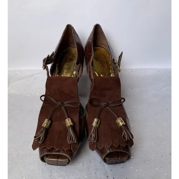 BCBG Brown Croc Embossed Platform Peep Toe Sandal Fringe Tassel - Size 7 Heels