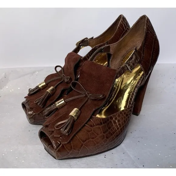 BCBG Brown Croc Embossed Platform Peep Toe Sandal Fringe Tassel - Size 7 Heels