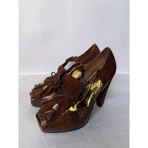BCBG Brown Croc Embossed Platform Peep Toe Sandal Fringe Tassel - Size 7 Heels