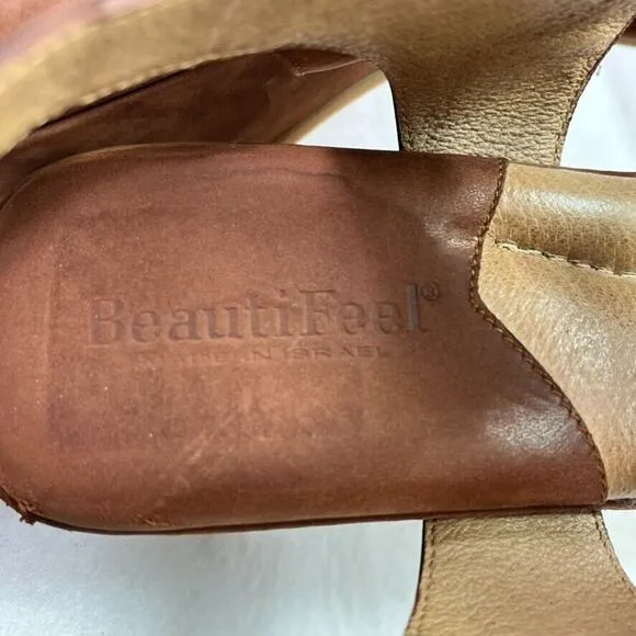 BeautiFeel Shoes Womens 10 Amber Brown Nubuck Leather Ankle Strap Sandals Wedge