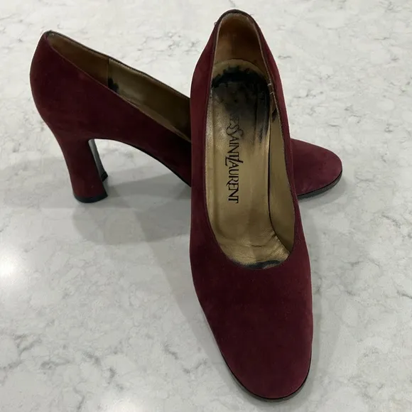 Beautiful Vintage Yves Saint Laurent Burgundy Suede Chunky Heel Pumps Sz 7- EUC