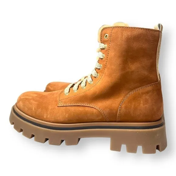 Beberlis Light Brown Suede Leather Glitter Lace Up Combat Boots w/ Lug Soles NEW