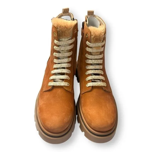 Beberlis Light Brown Suede Leather Glitter Lace Up Combat Boots w/ Lug Soles NEW