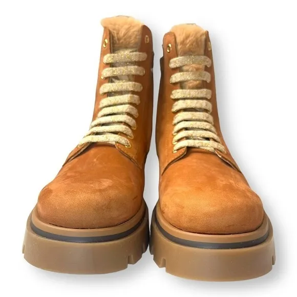 Beberlis Light Brown Suede Leather Glitter Lace Up Combat Boots w/ Lug Soles NEW