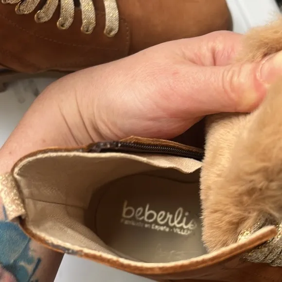 Beberlis Light Brown Suede Leather Glitter Lace Up Combat Boots w/ Lug Soles NEW
