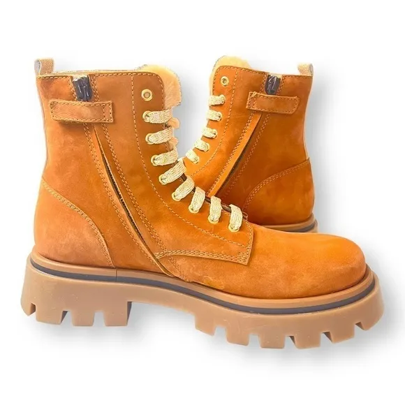 Beberlis Light Brown Suede Leather Glitter Lace Up Combat Boots w/ Lug Soles NEW