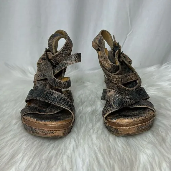 Bed Stu Juliana Distressed Brown Wooden Platform Heeled Sandals Sz 8.5