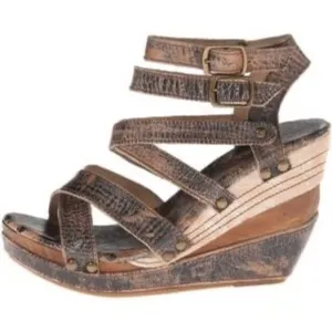 Bed Stu Juliana Distressed Brown Wooden Platform Heeled Sandals Sz 8.5