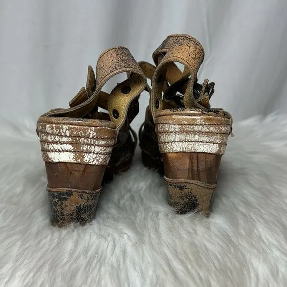 Bed Stu Juliana Distressed Brown Wooden Platform Heeled Sandals Sz 8.5