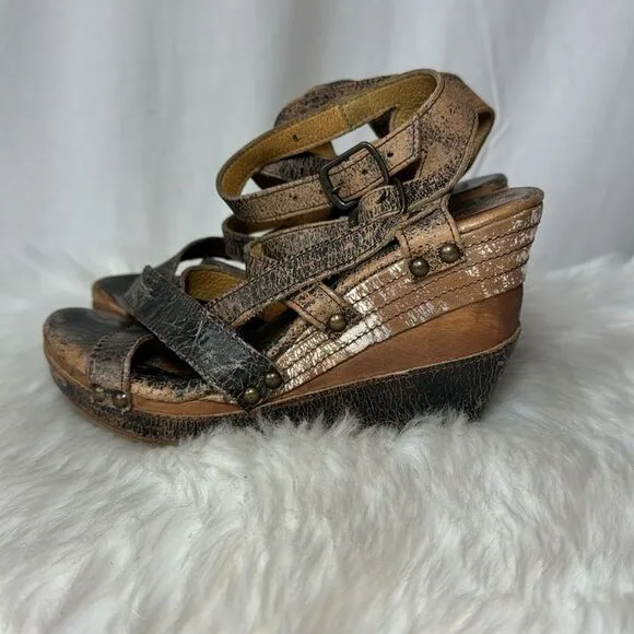 Bed Stu Juliana Distressed Brown Wooden Platform Heeled Sandals Sz 8.5