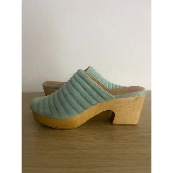 Beklina 8 Suede Ribbed Clog Palm Green Wood Platform Mules Slip On Shoes Boho