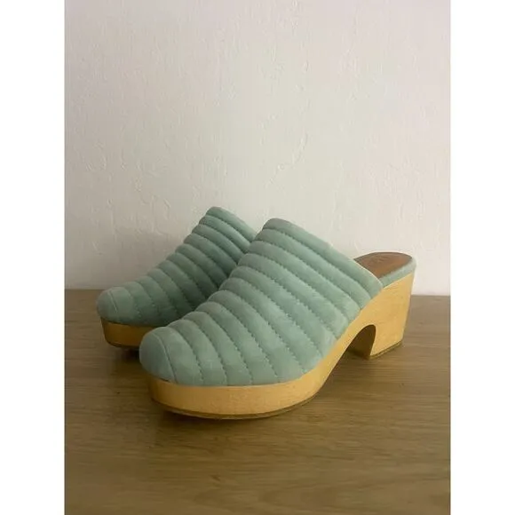 Beklina 8 Suede Ribbed Clog Palm Green Wood Platform Mules Slip On Shoes Boho