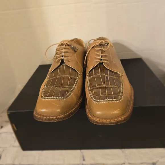 BELLO MOSTRO MEN'S OXFORD TIE-UP ALLIGATOR AND LEATHER SHOES BROWN SIZE 10