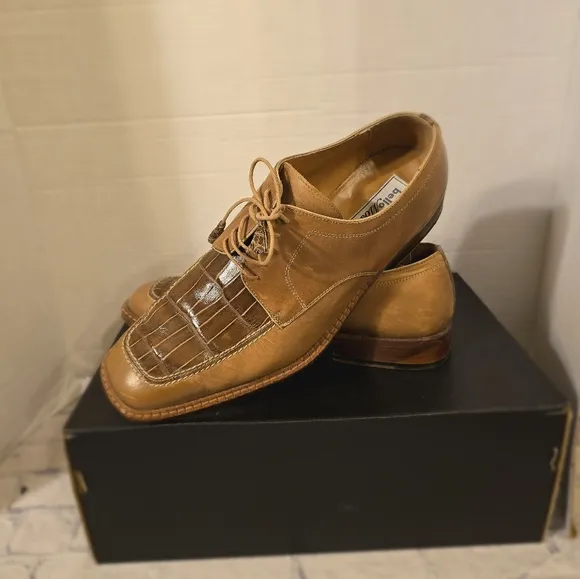 BELLO MOSTRO MEN'S OXFORD TIE-UP ALLIGATOR AND LEATHER SHOES BROWN SIZE 10