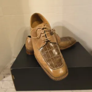 BELLO MOSTRO MEN'S OXFORD TIE-UP ALLIGATOR AND LEATHER SHOES BROWN SIZE 10