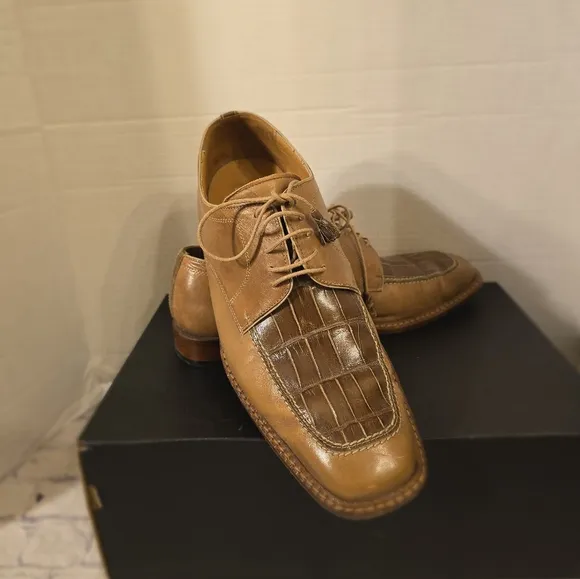 BELLO MOSTRO MEN'S OXFORD TIE-UP ALLIGATOR AND LEATHER SHOES BROWN SIZE 10