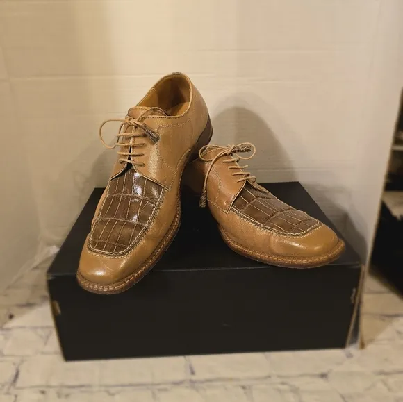 BELLO MOSTRO MEN'S OXFORD TIE-UP ALLIGATOR AND LEATHER SHOES BROWN SIZE 10