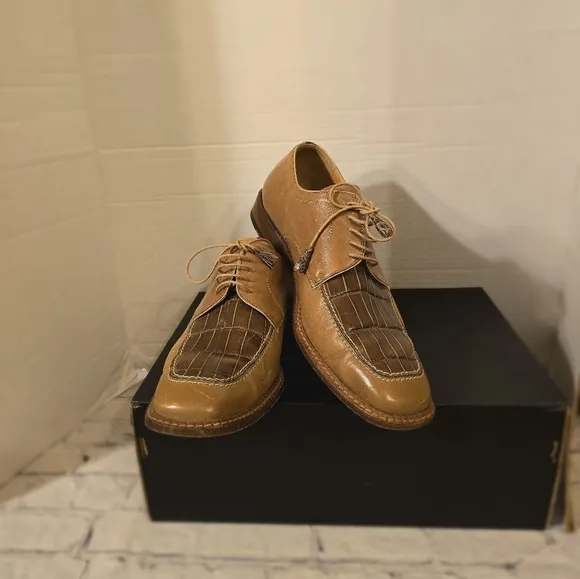 BELLO MOSTRO MEN'S OXFORD TIE-UP ALLIGATOR AND LEATHER SHOES BROWN SIZE 10