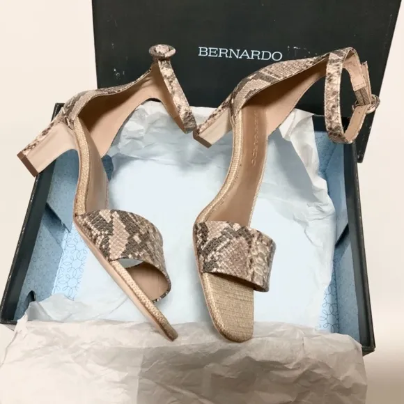 Bernardo Cameron Beige Leather Snake Ankle Straps Sandals Heels Pumps