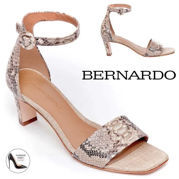 Bernardo Cameron Beige Leather Snake Ankle Straps Sandals Heels Pumps