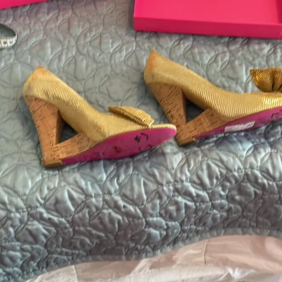 Betsy Johnson, gold cork wedge shoes, size 10 medium