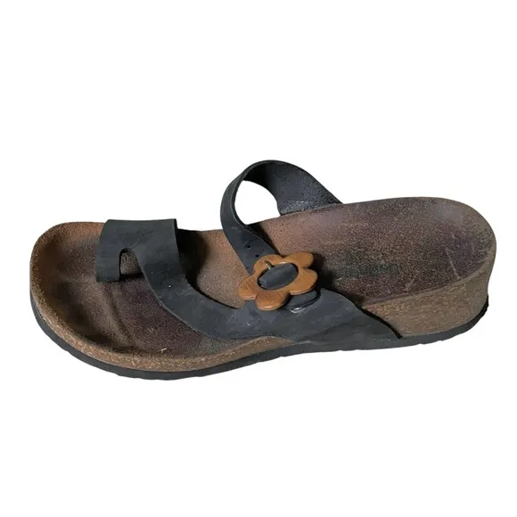 BIONATURA by BOS &amp; CO. Cork Wedge Sandal Shoes Wooden Flower Buckle 37