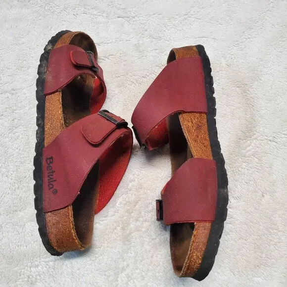 Birkenstock Betula Red Leather Casual Strap Slip On Unisex Sandal Men 6 Women 8