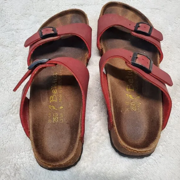 Birkenstock Betula Red Leather Casual Strap Slip On Unisex Sandal Men 6 Women 8