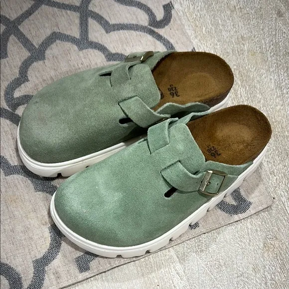 Birkenstock Boston Green Suede Clogs with Buckle