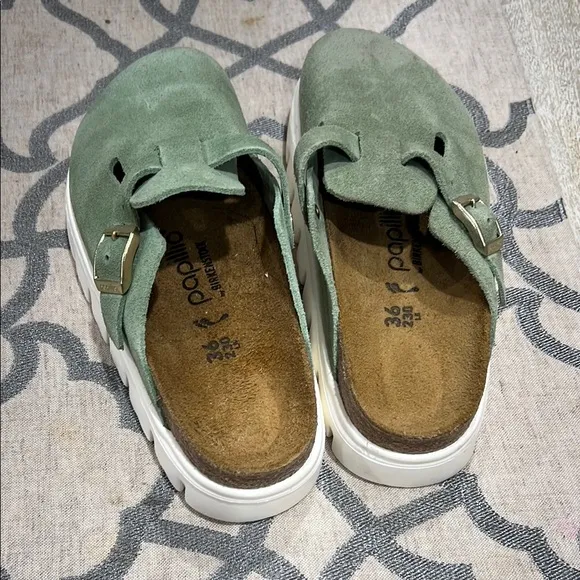 Birkenstock Boston Green Suede Clogs with Buckle