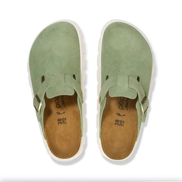 Birkenstock Boston Green Suede Clogs with Buckle