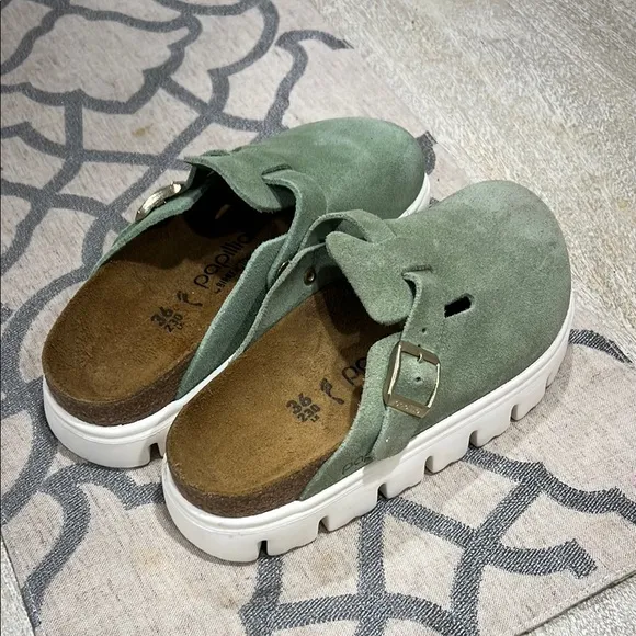 Birkenstock Boston Green Suede Clogs with Buckle