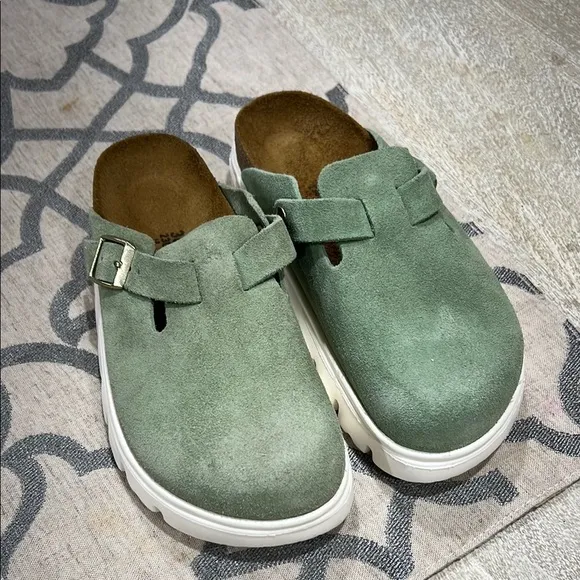 Birkenstock Boston Green Suede Clogs with Buckle