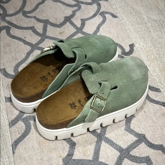Birkenstock Boston Green Suede Clogs with Buckle