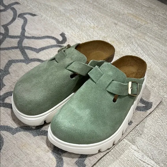 Birkenstock Boston Green Suede Clogs with Buckle