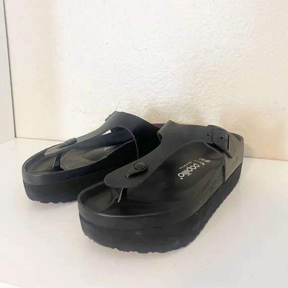 Birkenstock Papillio Gizeh Flex Black Leather Platform Sandals Size 9 NWT