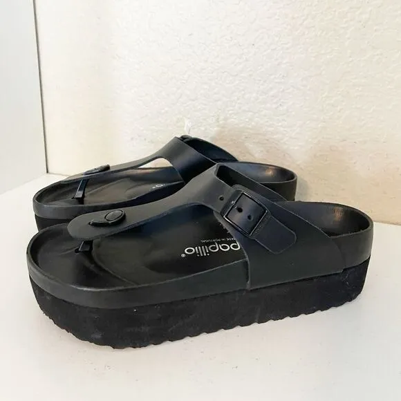 Birkenstock Papillio Gizeh Flex Black Leather Platform Sandals Size 9 NWT