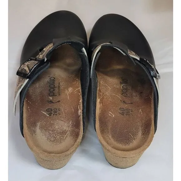 Birkenstock Papillio Fanny Embossed Black Beige Snake Print Leather Wedge Clog S