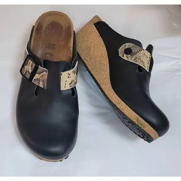 Birkenstock Papillio Fanny Embossed Black Beige Snake Print Leather Wedge Clog S