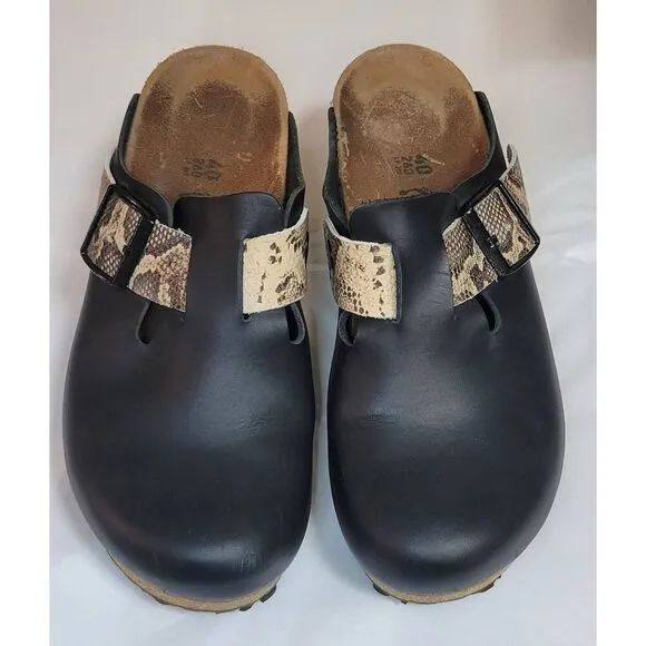 Birkenstock Papillio Fanny Embossed Black Beige Snake Print Leather Wedge Clog S