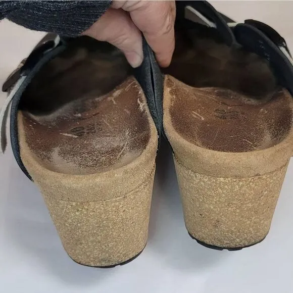 Birkenstock Papillio Fanny Embossed Black Beige Snake Print Leather Wedge Clog S
